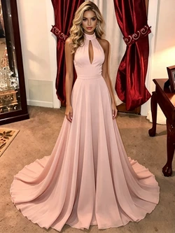A-Line Pink Chiffon Halter Prom Dress