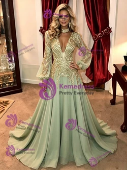 Green Sequins Long Sleeve Prom Dress