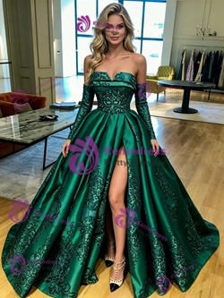 Green Satin Long Sleeve Appliques Prom Dress