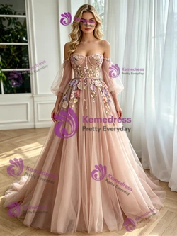Short Sleeve Tulle Off the Shoulder Prom Dress