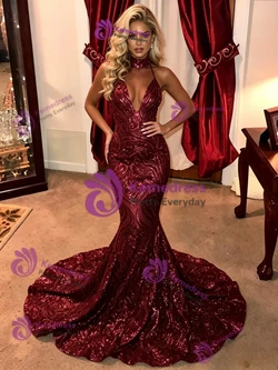 Burgundy Mermaid Sequins Halter Prom Dress