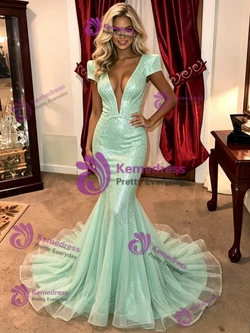 Green Mermaid V-neck Sequins Cap Sleeve Prom Dress