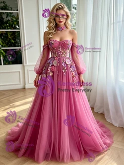 Fuchsia Tulle Long Sleeve Prom Dress