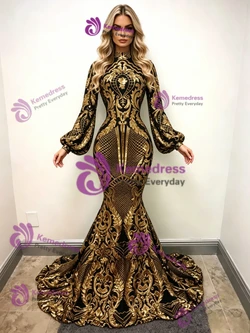 Black Gold Mermaid Sequins Long Sleeve Prom Dress