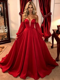 Red Strapless Long Sleeve Prom Dress