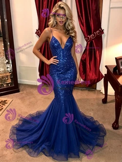 Royal Blue Mermaid Tulle Sequins Prom Dress