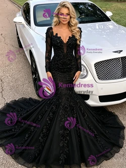 Black Mermaid Long Sleeve Prom Dress