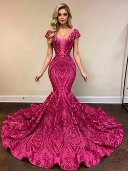 Fuchsia Mermaid Sequins Cap Sleeve Prom Dress