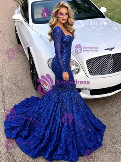Blue Mermaid Seuqins Long Sleeve Prom Dress