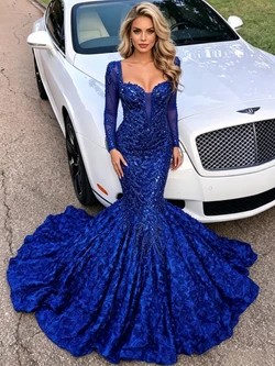 Blue Mermaid Seuqins Long Sleeve Prom Dress