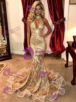 Gold Mermaid Sequins Halter Prom Dress