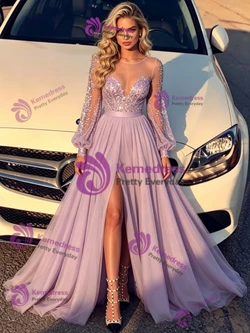 Purple Long Sleeve Sequins Split Prom Dress