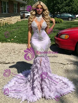 Purple Mermaid Halter Feather Prom Dress