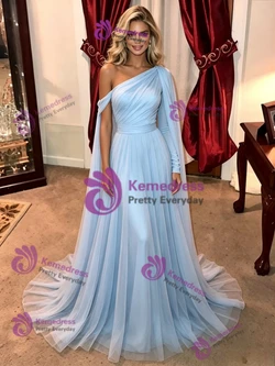 Blue One Shoulder Long Sleeve Prom Dress