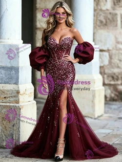 Burgundy Mermaid Tulle Crystal Prom Dress