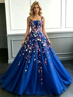 Blue Tulle Straps Appliques Prom Dress