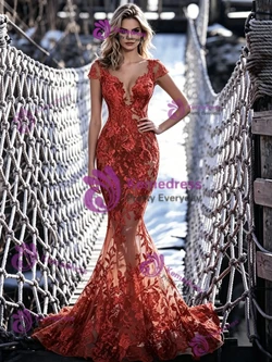 Sexy Mermaid Lace Cap Sleeve Prom Dress