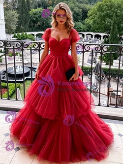 Red Tulle Straps Tiers Prom Dress