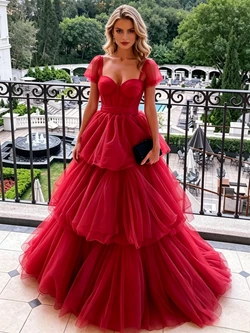 Red Tulle Straps Tiers Prom Dress