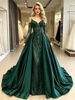 Green Satin Sequins Long Sleeve Prom Dress