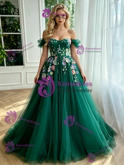 Grene Tulle Off the Shoulder Appliques Prom Dress