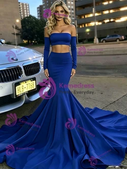 Blue Mermaid Two Piece Long Sleeve Prom Dress
