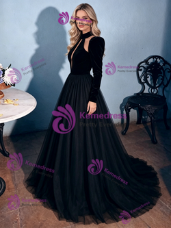 Black Tulle Velvet Long Sleeve Prom Dress