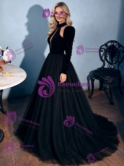 Black Tulle Velvet Long Sleeve Prom Dress