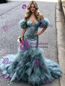 Blue Mermaid Sequins Tulle Prom Dress