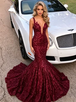 Burgundy Mermaid Sequins Straps Prom Dress