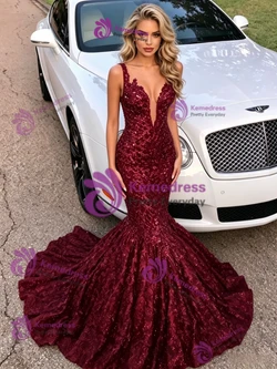 Burgundy Mermaid Sequins Straps Prom Dress
