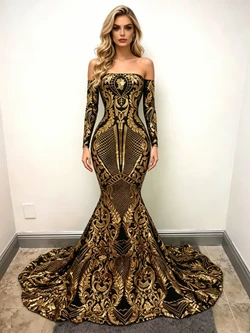 Gold Mermaid Sequins Long Sleeve Prom Dress