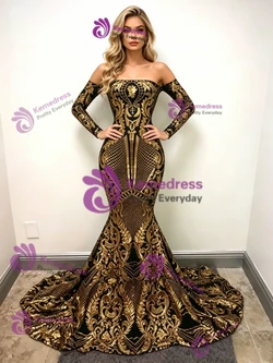 Gold Mermaid Sequins Long Sleeve Prom Dress