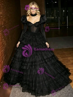 Black Long Sleeve Tiers Prom Dress
