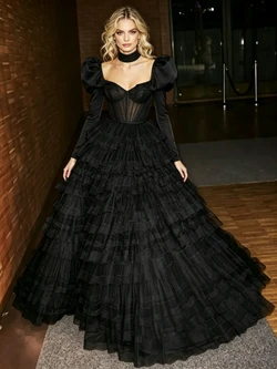 Black Long Sleeve Tiers Prom Dress