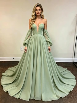 Green Chiffon Strapless Pleats Prom Dress