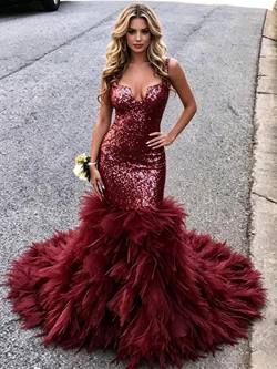 Burgundy Mermaid Sequins Straps Prom Dress