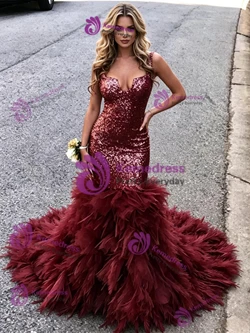 Burgundy Mermaid Sequins Straps Prom Dress