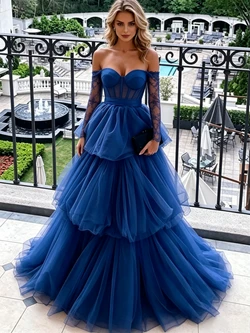 Blue Tulle Long Sleeve Tiers Prom Dress