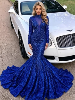 Blue Mermaid Sequins Long Sleeve Prom Dress