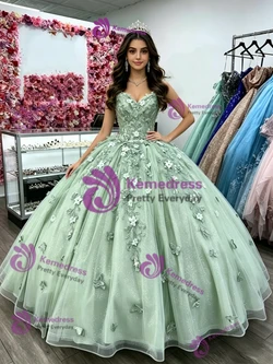 Green Tulle Strapless Appliques Quinceanera Dress