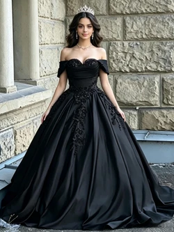 Black Satin Off the Shoulder Appliques Quinceanera Dress
