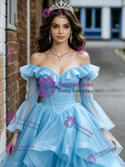 Blue Tulle Long Sleeve Quinceanera Dress