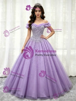 Purple Tulle Off the Shoulder Beading Quinceanera Dress