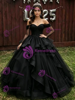 Black Tulle Long Sleeve Off the Shoulder Quinceanera Dress