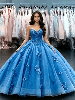 Blue Tulle Strapless 3D Flower Quinceanera Dress