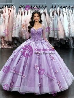 Purple Tulle Long Sleeve Flower Quinceanera Dress