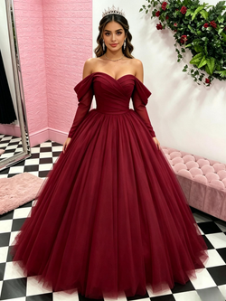 Burgundy Tulle Long Sleeve Quinceanera Dress