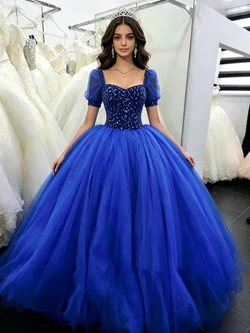 Royal Blue Tulle Puff Sleeve Beading Quinceanera Dress