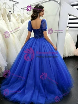 Royal Blue Tulle Puff Sleeve Beading Quinceanera Dress
